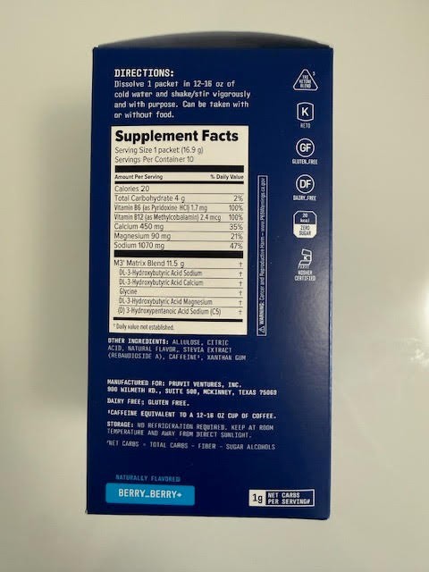 NEW K1 Prüvit Ketones 10 Packets Charged BERRY BERRY / FREE SHIPP Exp 2027
