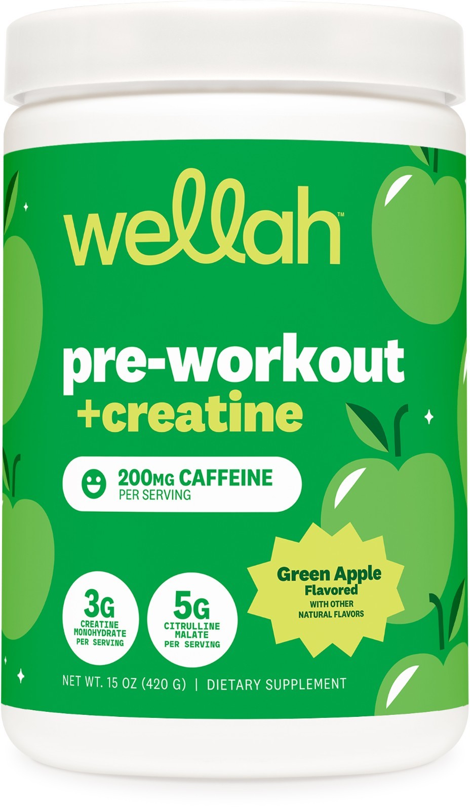 Wellah Pre-Workout + Creatine Powder (30 Servings) Green Apple – 200mg Caffeine