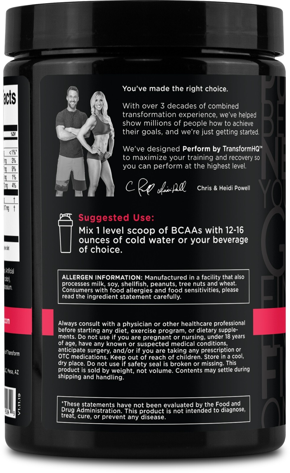 TransformHQ BCAA 2:1:1 Powder – (Raspberry Lemonade) 28 Servings – Perform