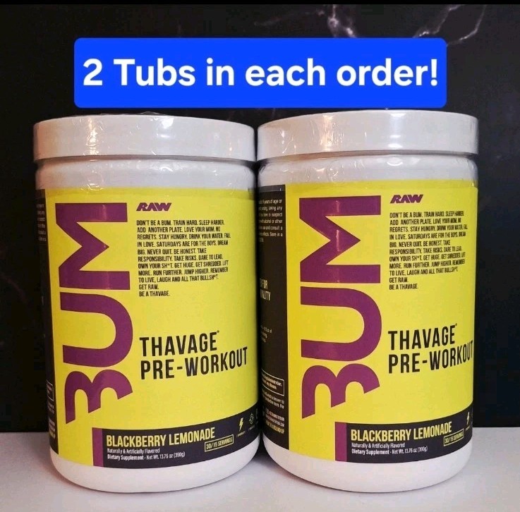 BUM Thavage Preworkout, RAW, 2 Tubs, Blackberry Lemonade, 30 Servings, 06/2027✨️