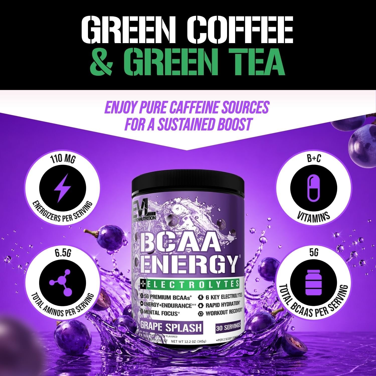 Evlution Nutrition BCAA Energy + Electrolytes – Energy & Endurance – 30 Servings