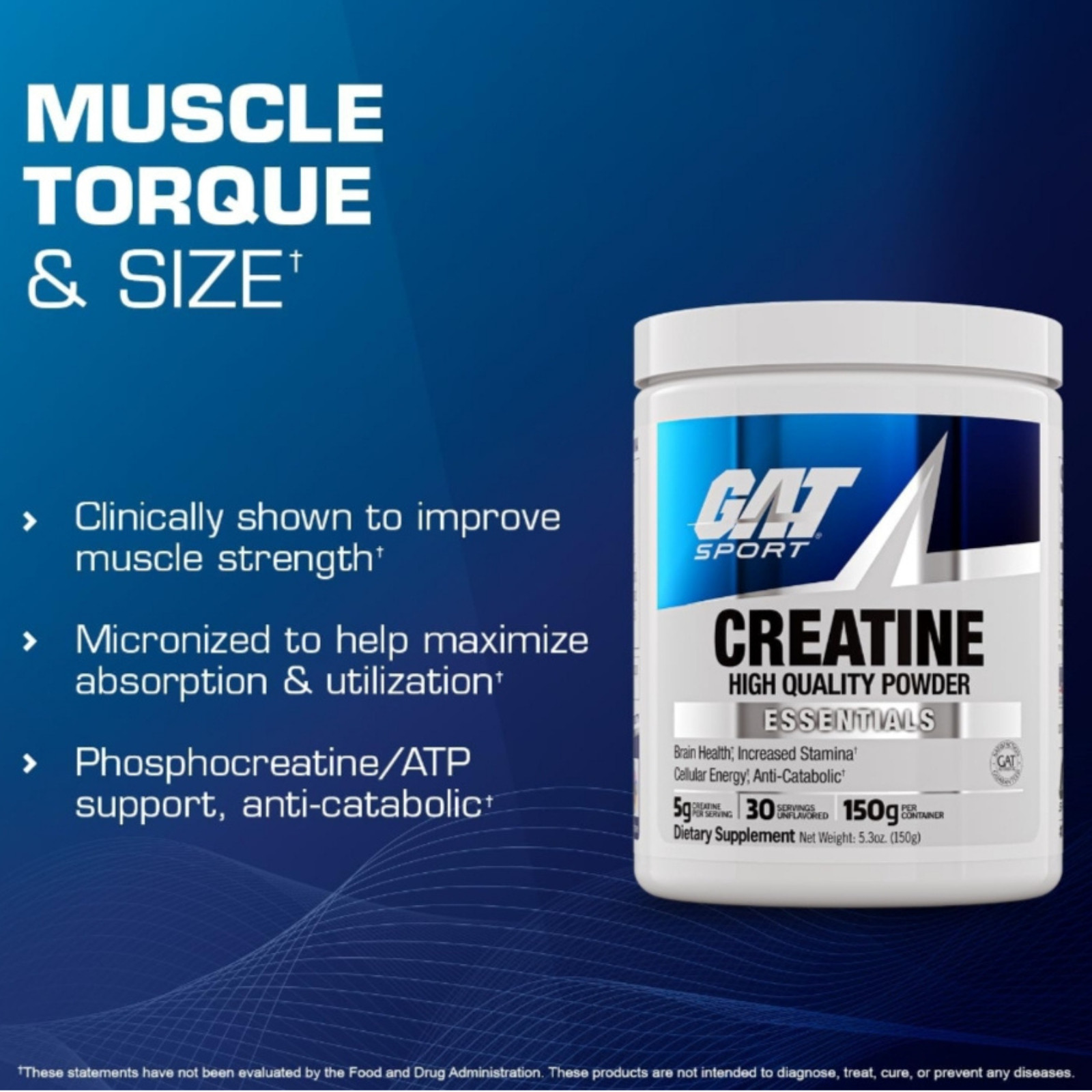 GAT Sport Creatine Monohydrate 150g – Strength & Brain Health – 30 Servings