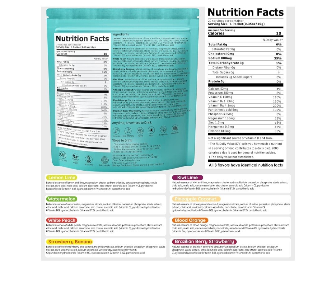 Vyrilex Electrolytes Hydration Powder Drink Mix Sugar-Free Keto Variety 20 ct