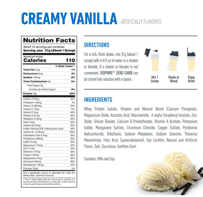 Isopure Zero Carb Whey Protein Isolate Vanilla Powder 25g Protein 15 Servings