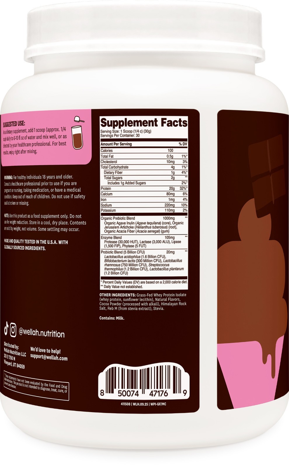 Wellah Grass-Fed Whey Protein Isolate Powder (Milk Chocolate) 30 Servings