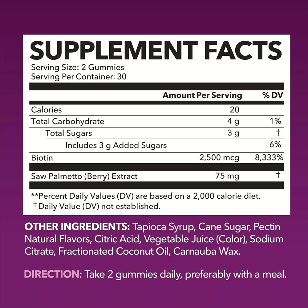Saw Palmetto for Women 2500mcg Biotin Gummies Hair Skin Nails Support 60 Gummies