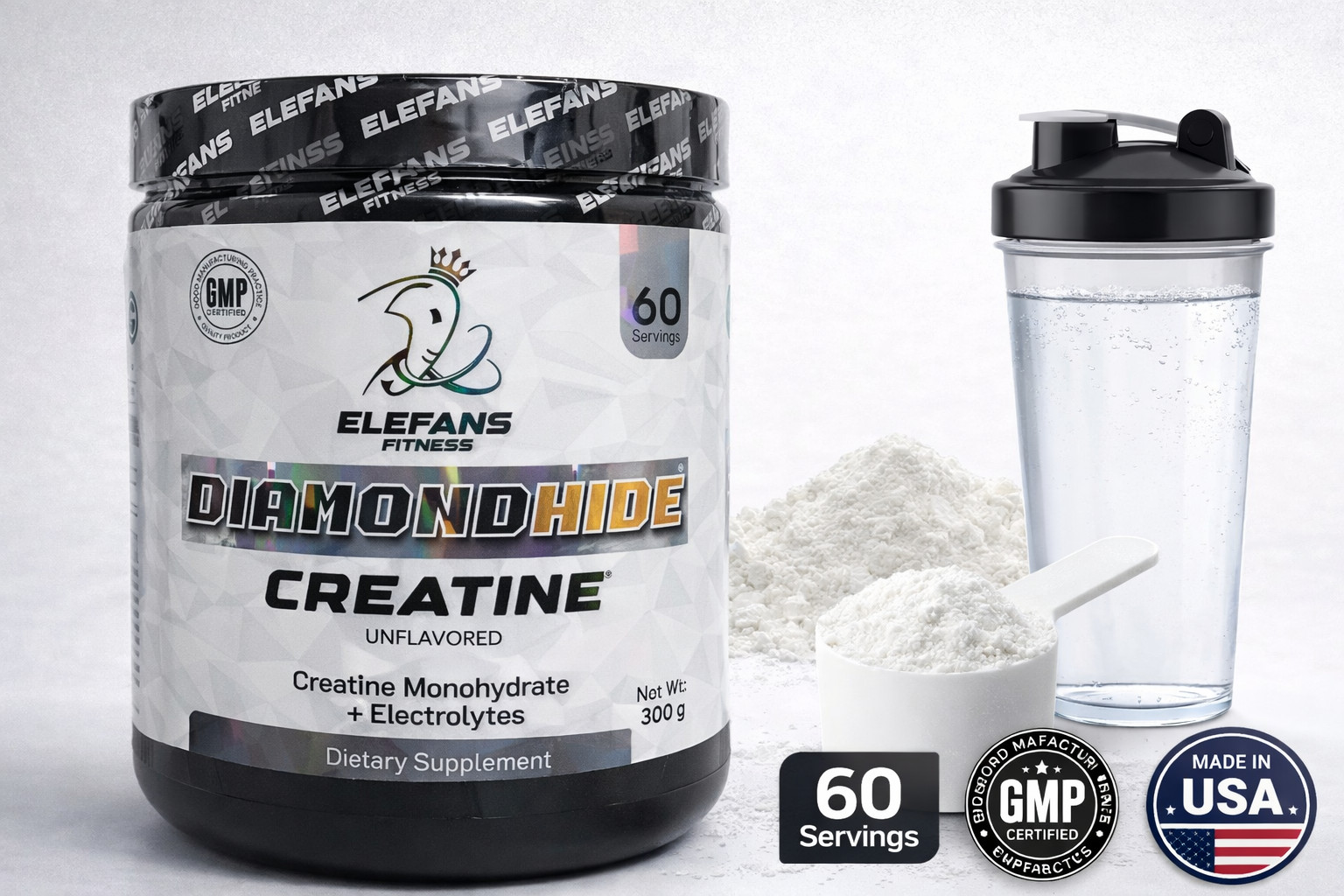 Elefans DiamondHide Creatine Monohydrate Powder 300g 60 Servings Unflavored