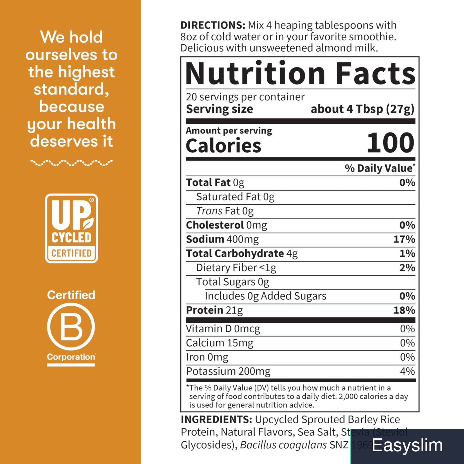 Plant-Based Sprouted Barley Protein Powder, Vanilla Caramel, 20 Servings