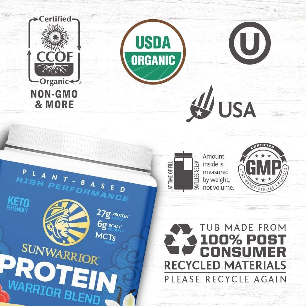Sunwarrior Warrior Blend Organic Vegan Plant Protein Powder with BCAAs, 13.2 oz