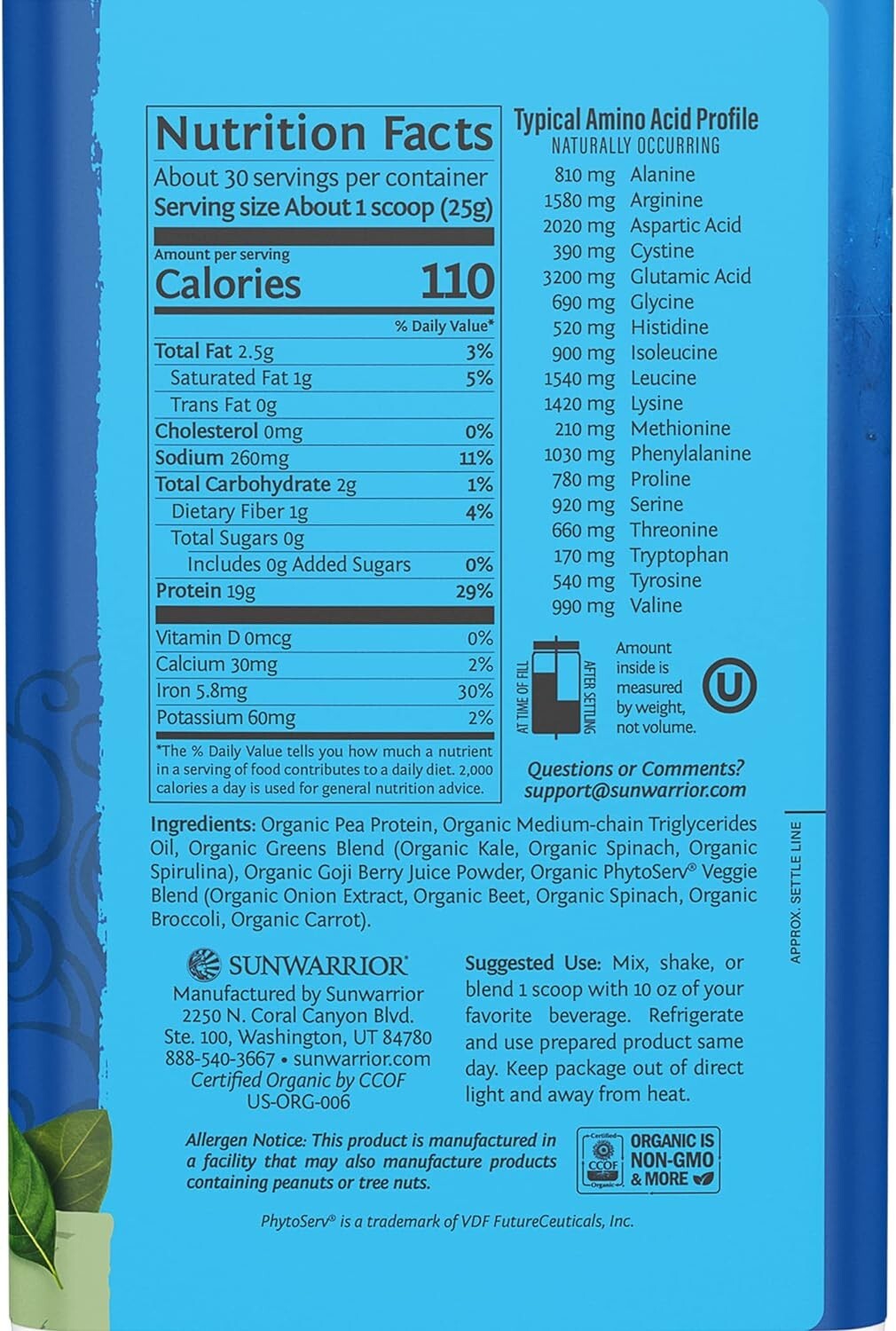 Sunwarrior Warrior Blend Protein Greens Powder Drink Mix BCAA Plant Based 1.65lb