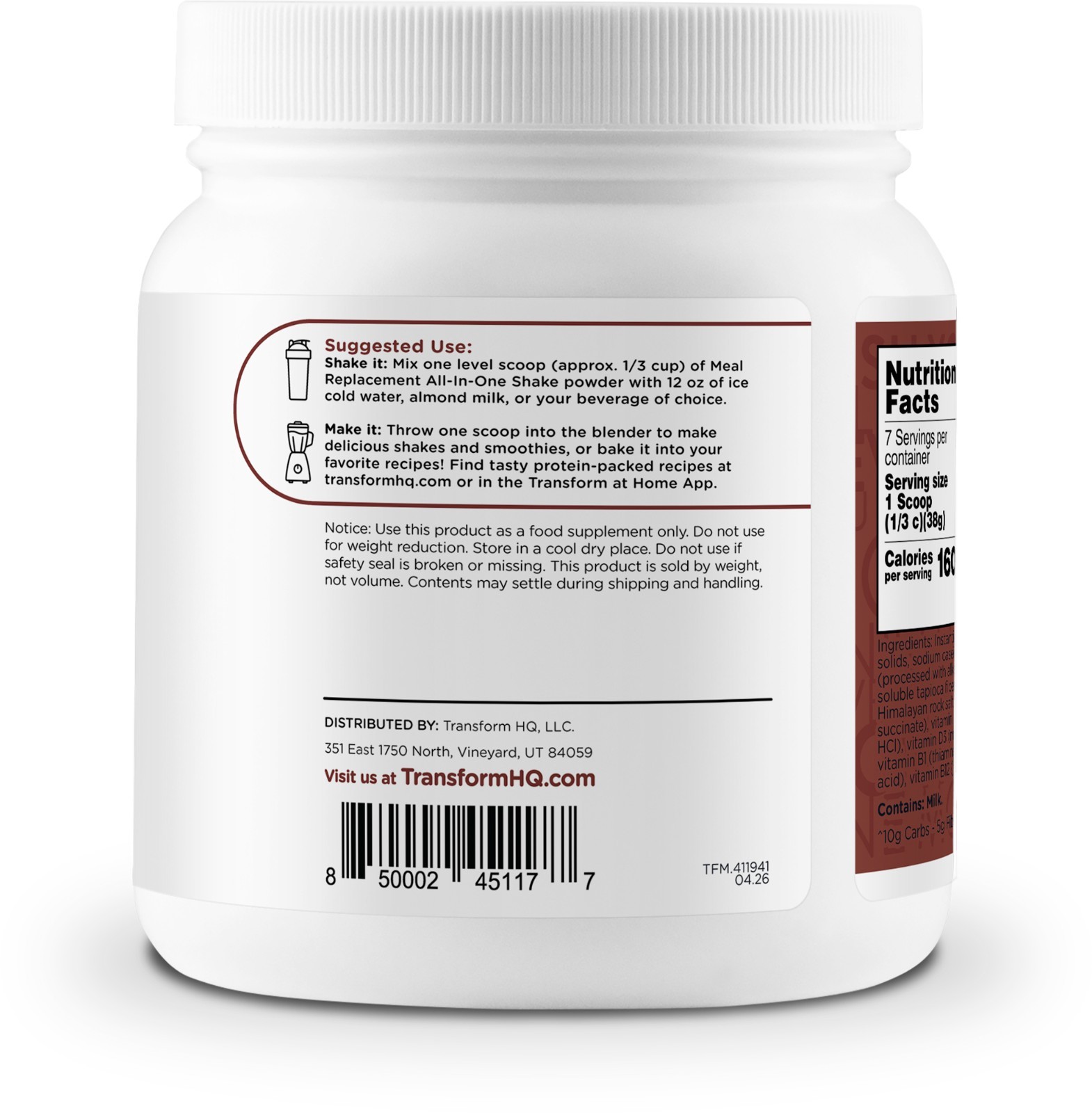 TransformHQ Meal Replacement Shake Powder 7 Servings (Chocolate)