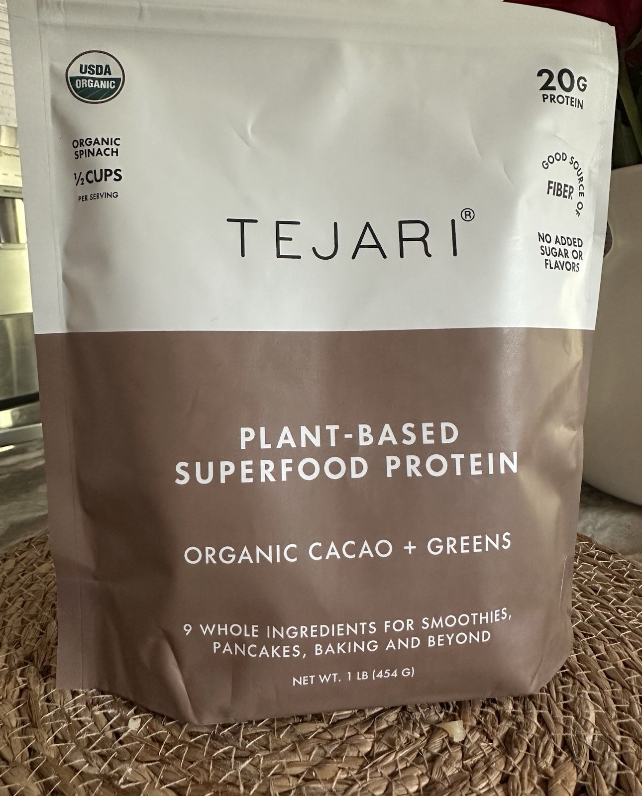 Tejari Plant-Based Superfood Protein Powder Organic Cacao+Greens 1 lb, Exp 2027
