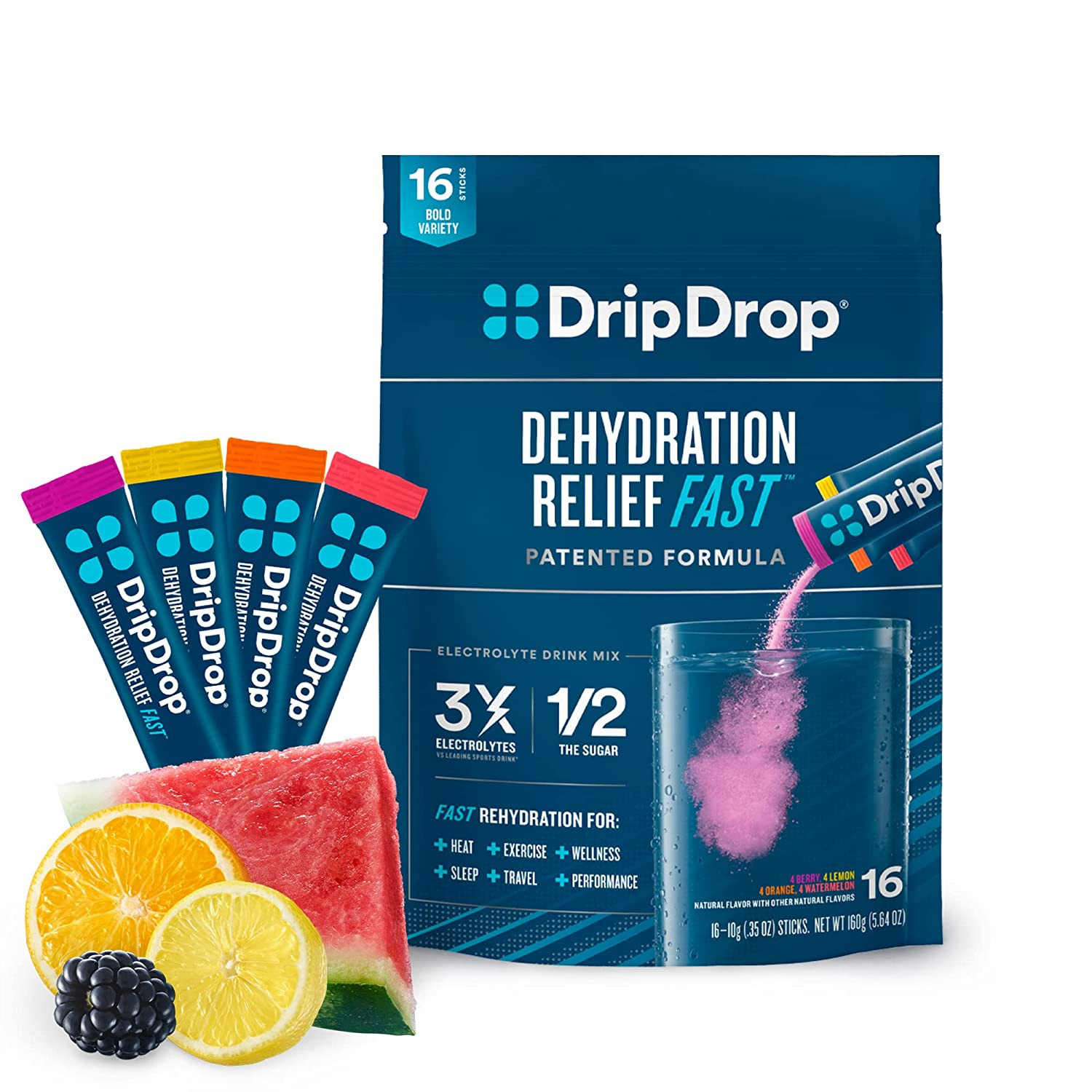 Dripdrop Hydration – Electrolyte Powder Packets – Watermelon, Berry, Orange, Lem