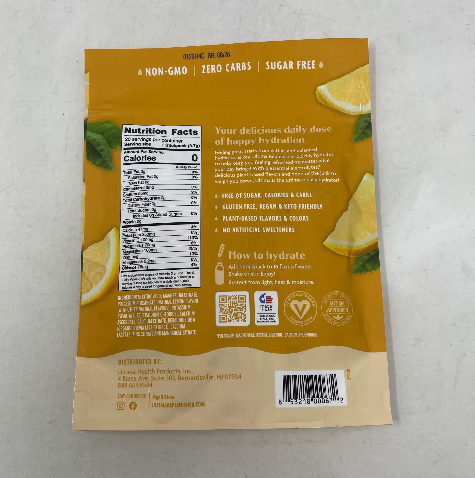 Ultima Replenisher Lemonade Electrolyte Powder, 20 Stickpacks
