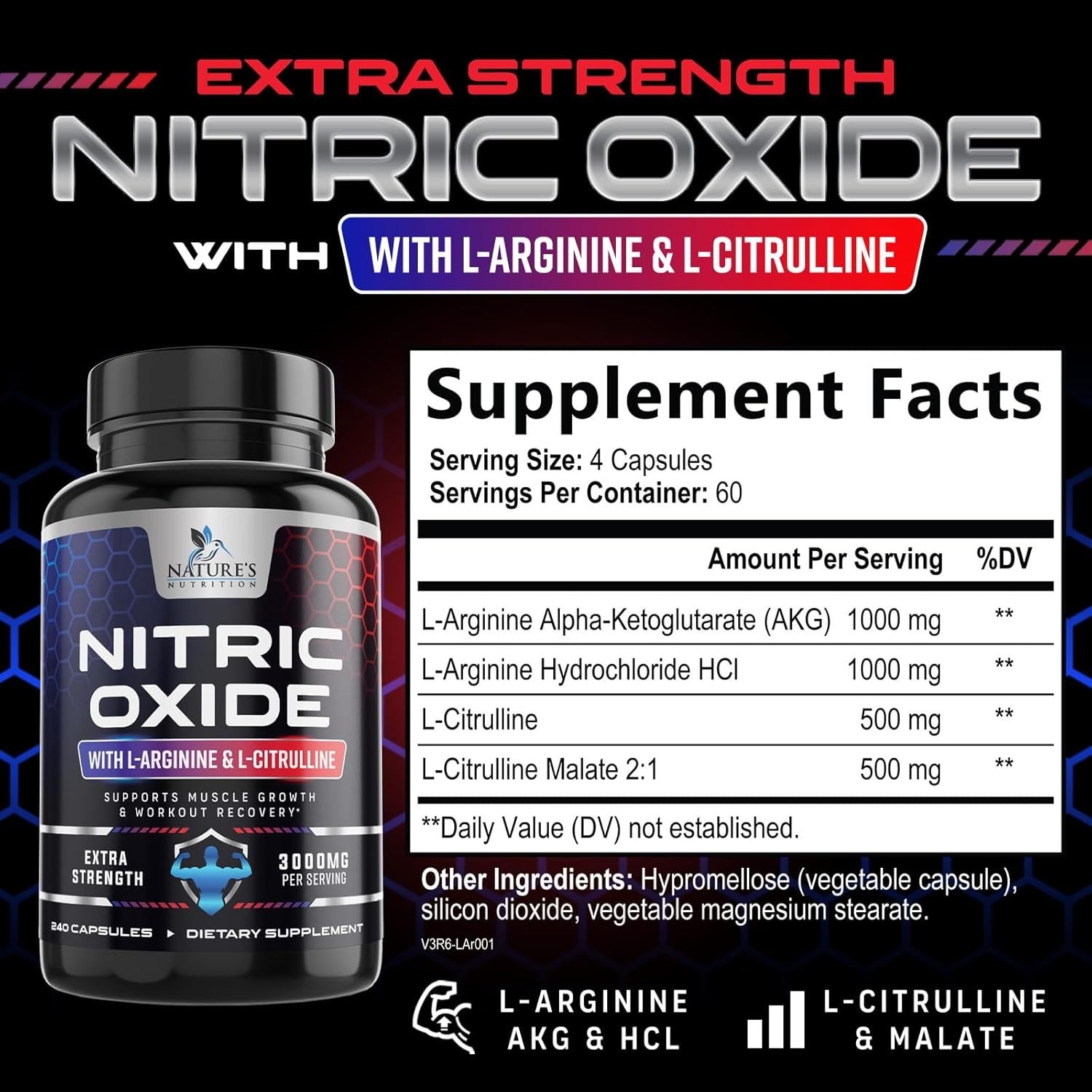 Nitric Oxide Booster Supplement w/ L-Arginine 2010mg Highest Potency Muscle Pump