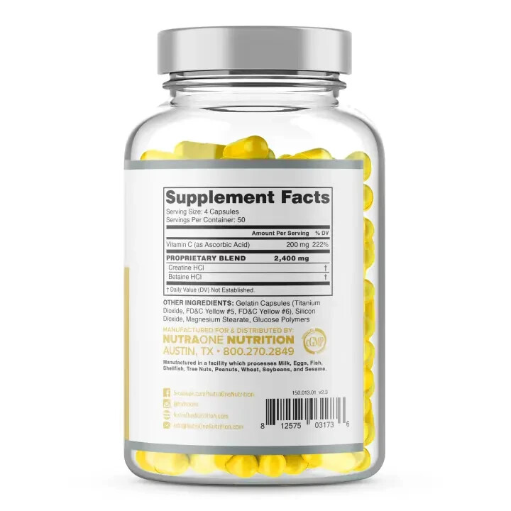 NUTRAONE NUTRITION CNSIX Creatine Hydrochloride (HCL) 200 Capsules 50 Servings