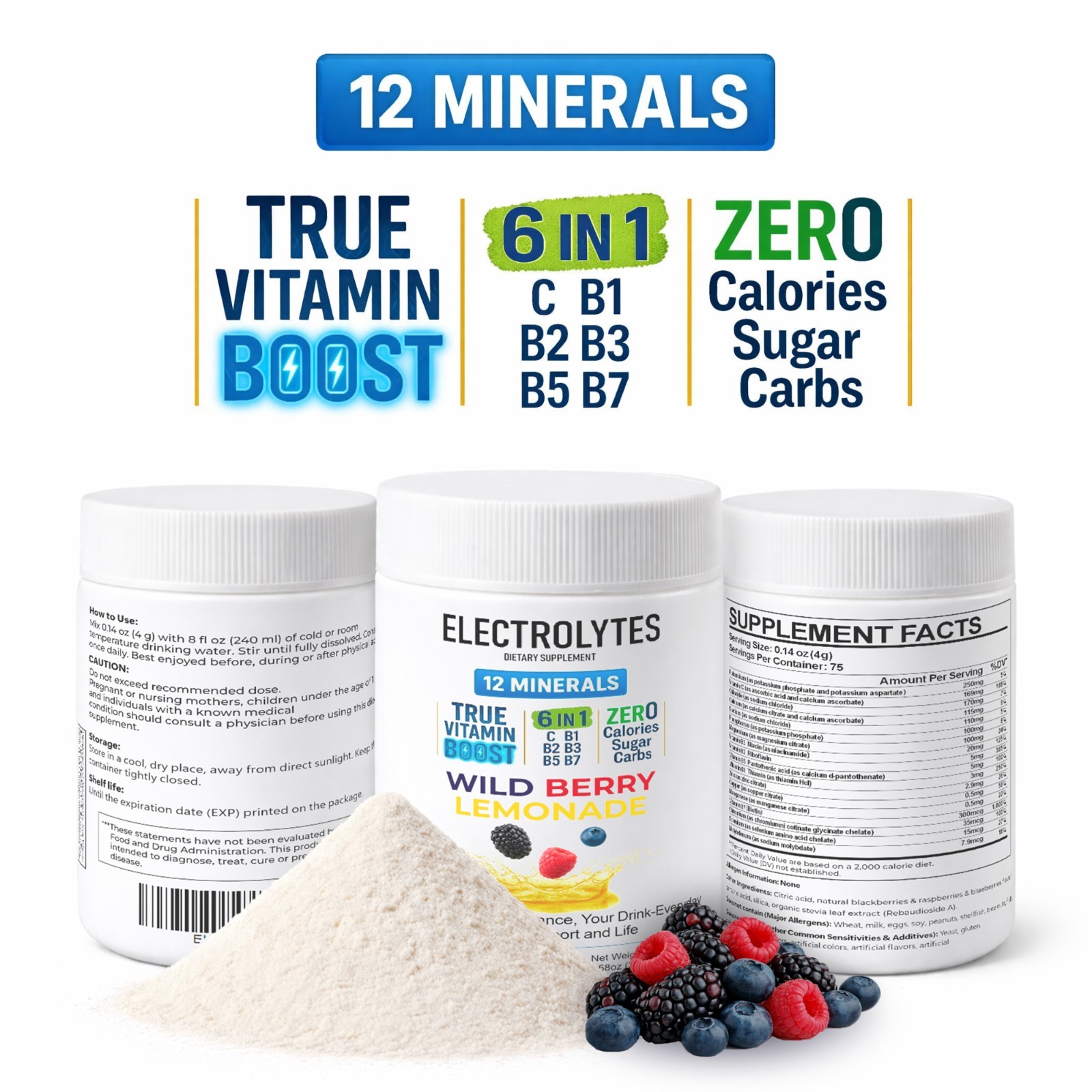 Electrolyte Complex Hydration Powder | 12 Minerals + 6 Vitamins | Wild Berry