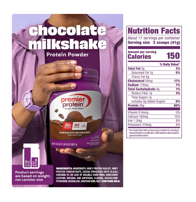 Premier Protein 100% Whey Protein Powder, Chocolate Milkshake, 30g Protein, 24.5