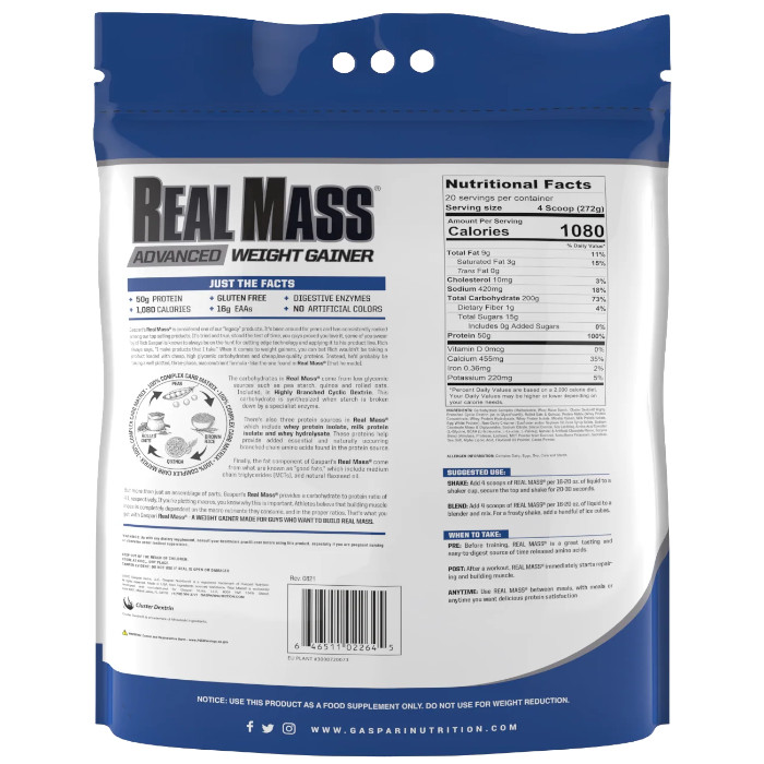 Gaspari Nutrition Real Mass Advanced Weight Gainer Chocolate Milkshake 12 lbs