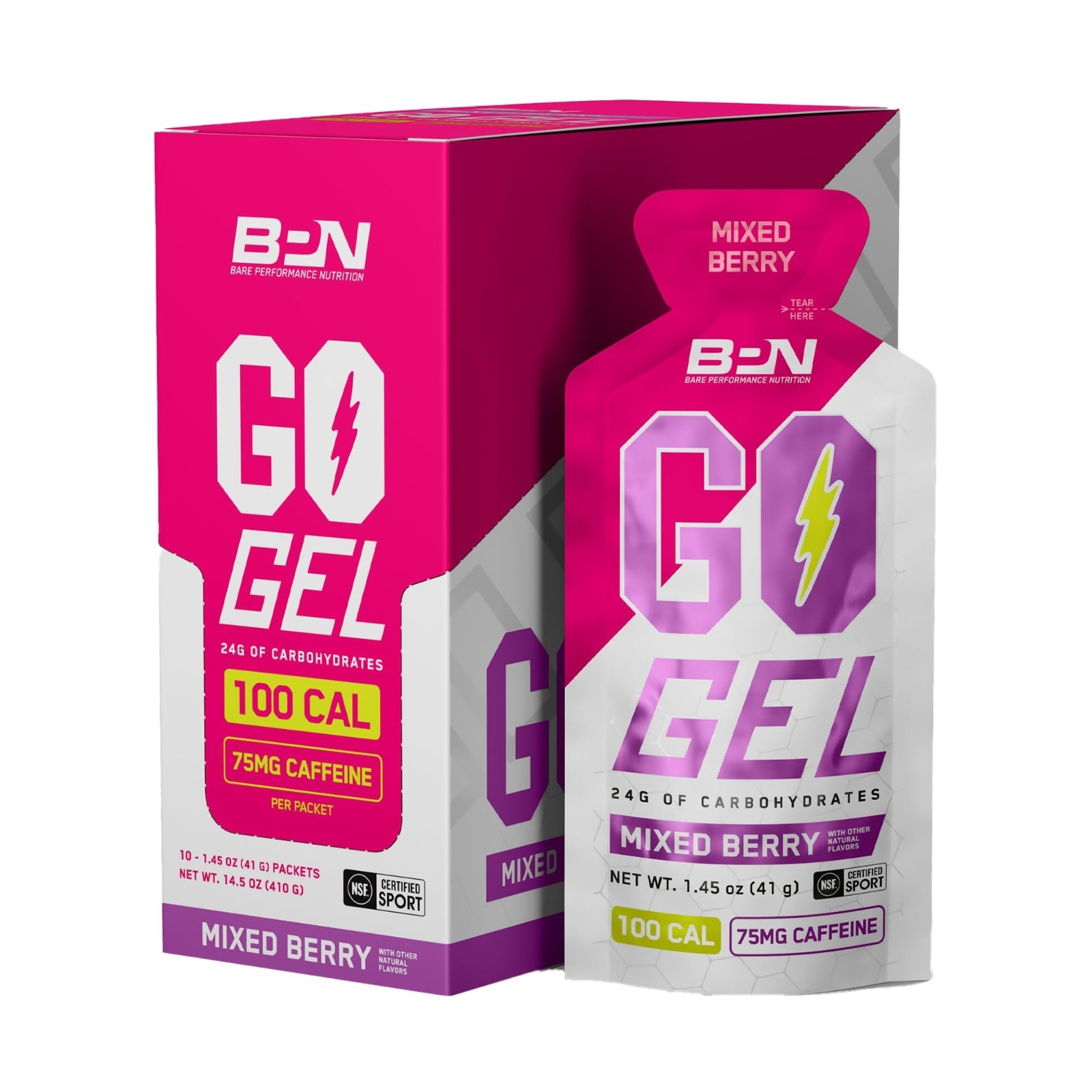 BPN Go Gel Endurance Caffeinated Mixed Berry 10 Packs 24g Carbs 100 Calories