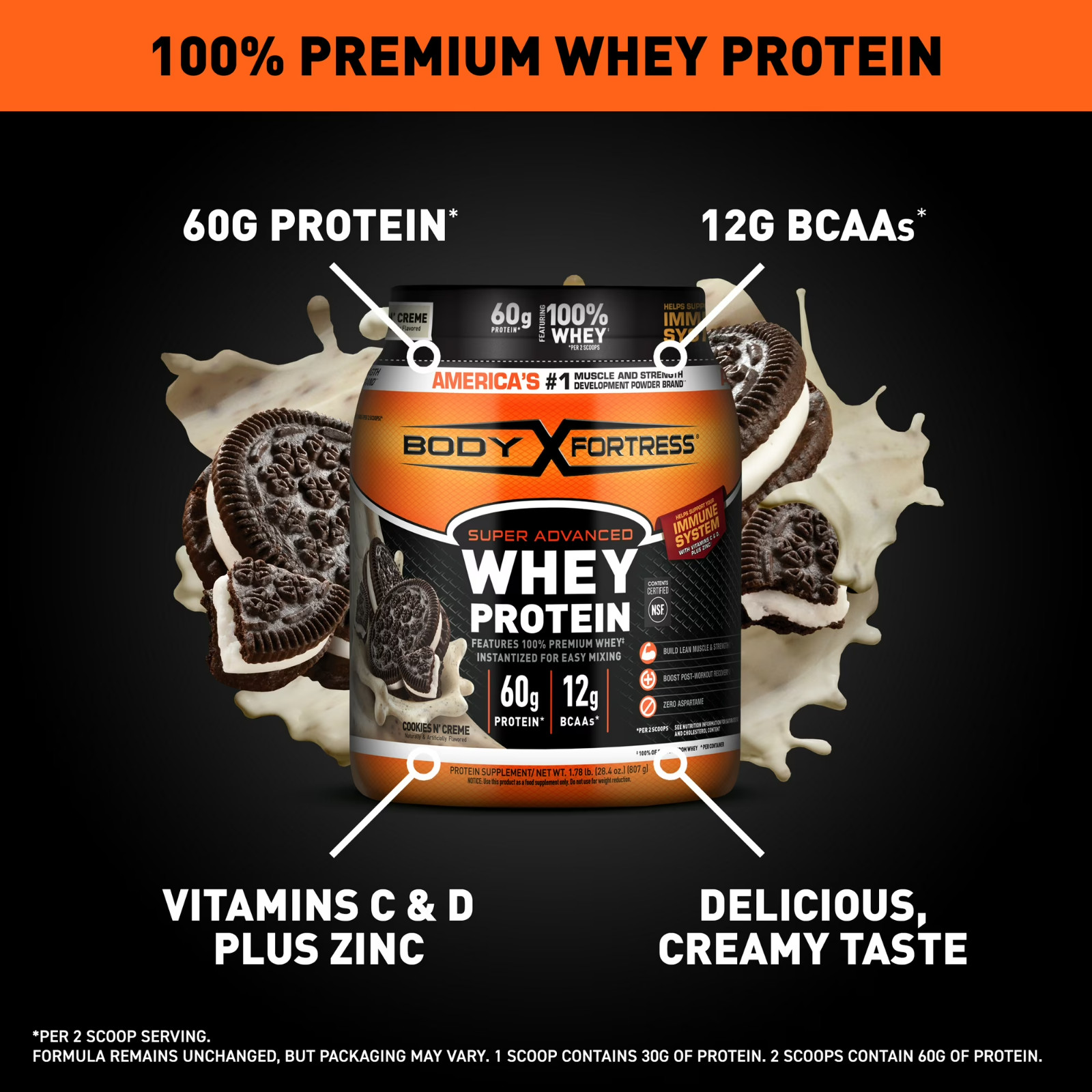 Body Fortress Super Advanced 100% Premium Whey Protein Powder Cookies N’ Creme