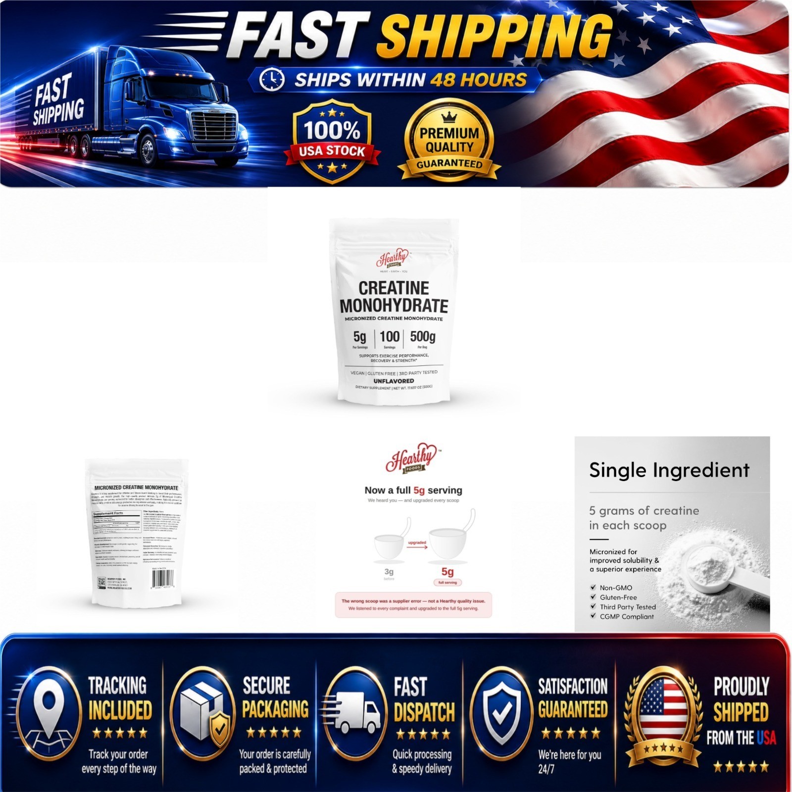 HEARTHY FOODS Creatine Monohydrate Powder 500G Unflavored 100 Servings