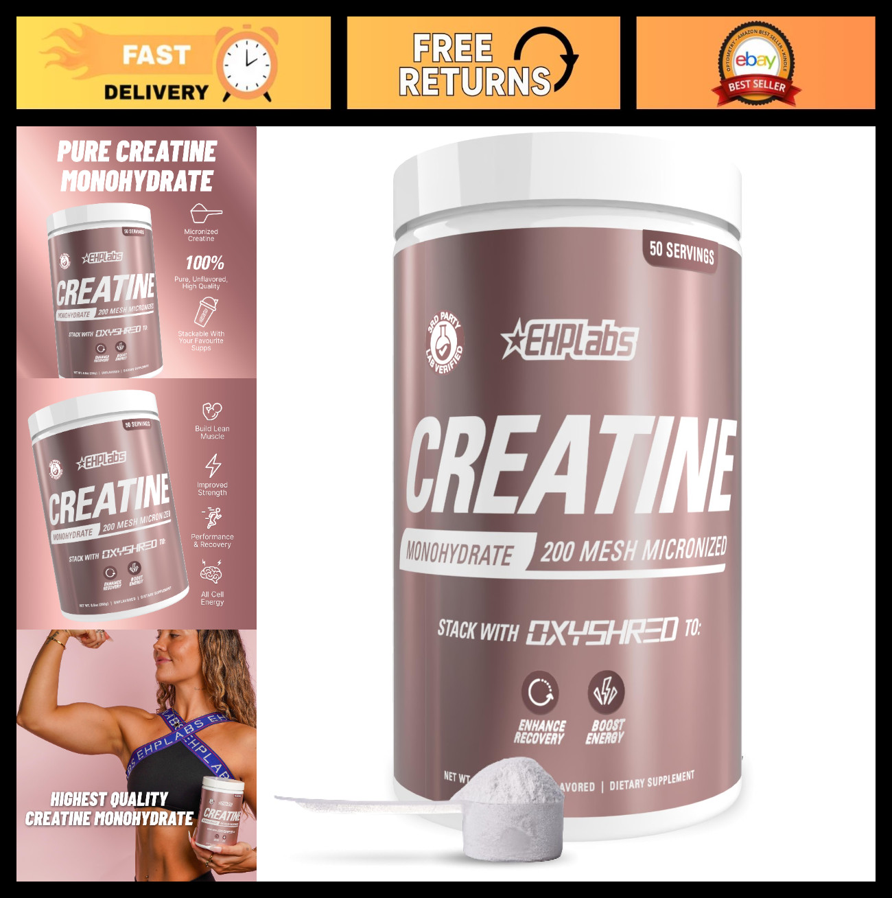 Micronized Creatine Monohydrate Powder, Unflavored, 250g – 50 Servings for Muscl