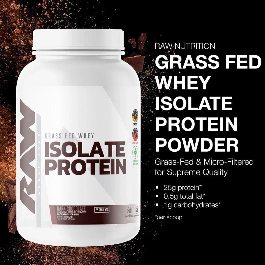 RAW Nutrition Grass Fed Whey Isolate Protein Dark Chocolate 25 Serv NEW SEALED