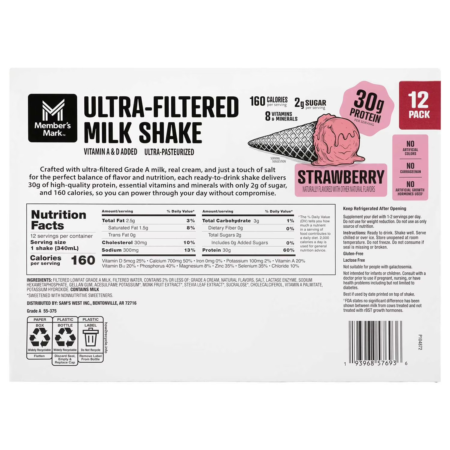 Member’s Mark 30g Ultra-Filtered Milk Shake, Strawberry, 11.5 fl. oz., 12 pk.