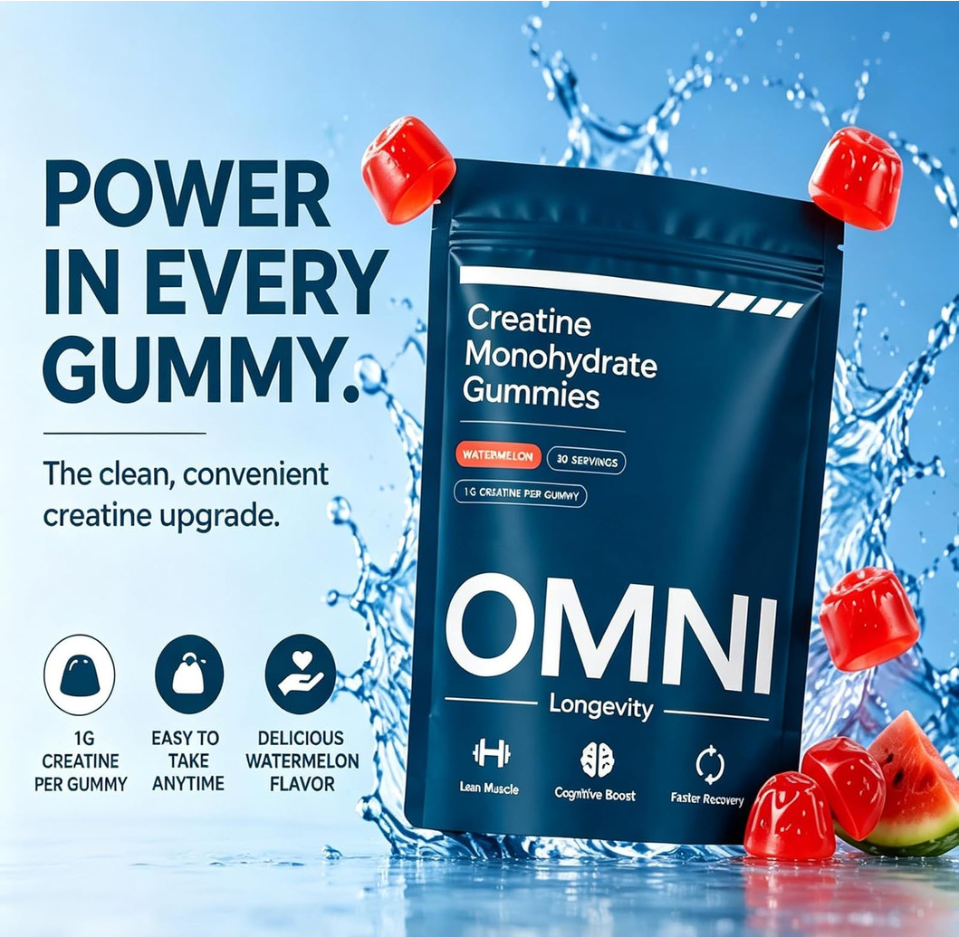 Omni Creatine Monohydrate Gummies Peach 30 Servings Watermelon Flavor 1g per Gum