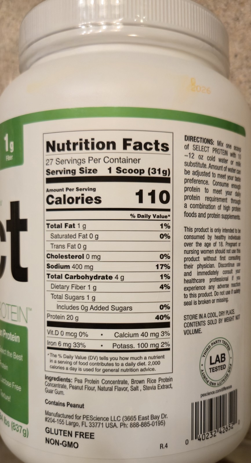 PESCIENCE SELECT PLANT PROTEIN Vegan 2lb (27 Serv) Peanut Butter BEST BY 11/26