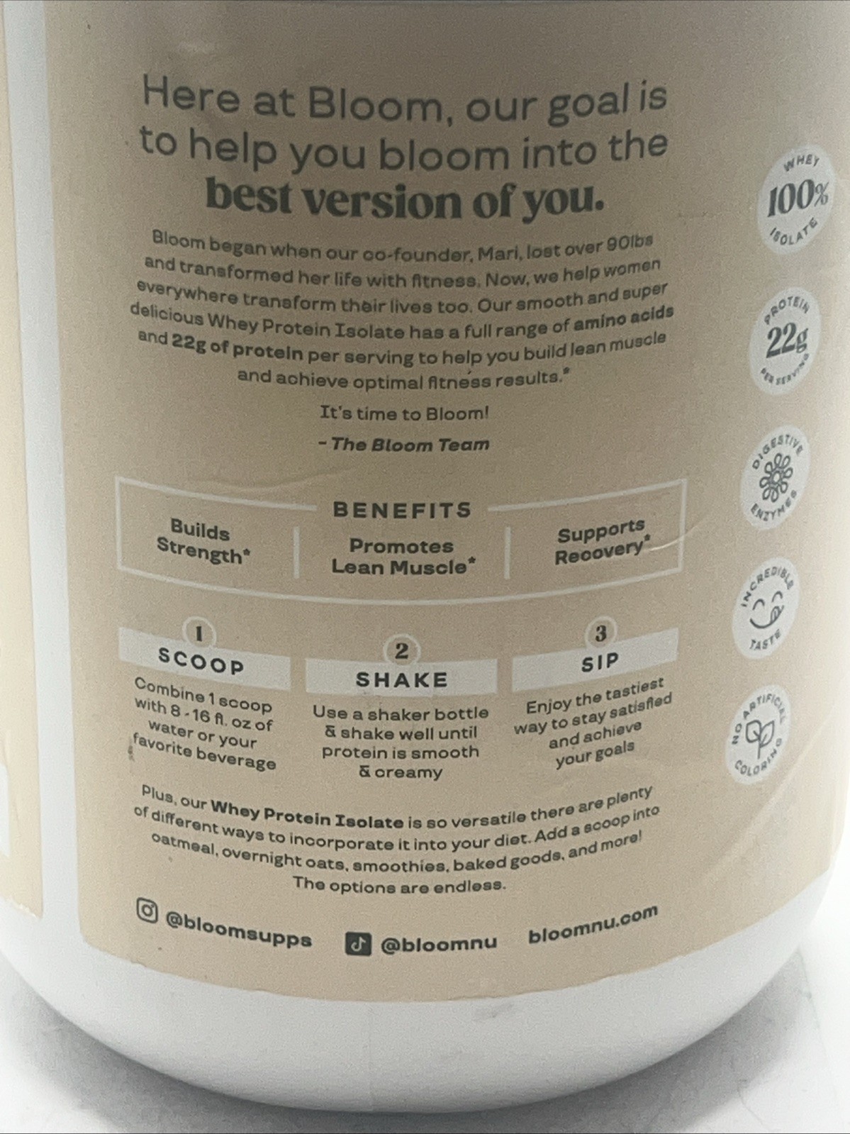 Bloom Nutrition Whey Isolate Protein Powder, Chocolate 30 Servings Exp 11/2026