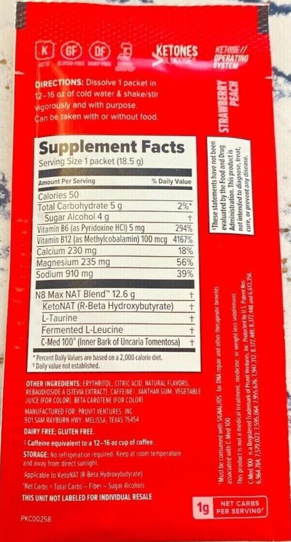 🔥Pruvit Keto OS NAT Ketones Charged Strawberry Peach 10 pack Exp. 12/25