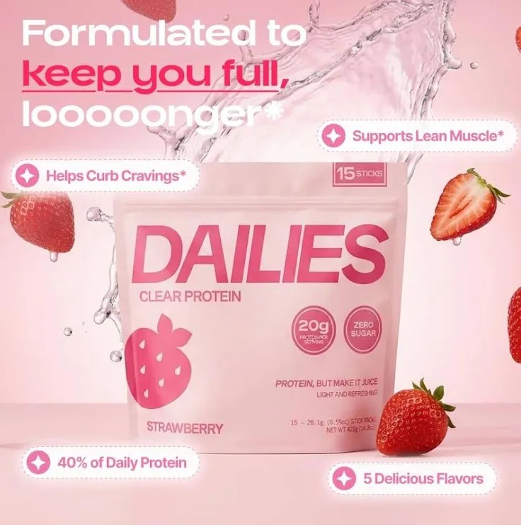 DAILIES Clear Whey Isolate Protein Powder Strawberry 20g Sugar Free NEW