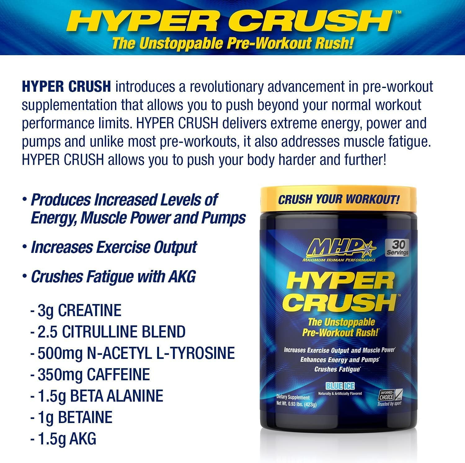 MHP HYPER CRUSH Pre Workout Energy Drink Creatine Beta Alanine Nitric Oxide Pump