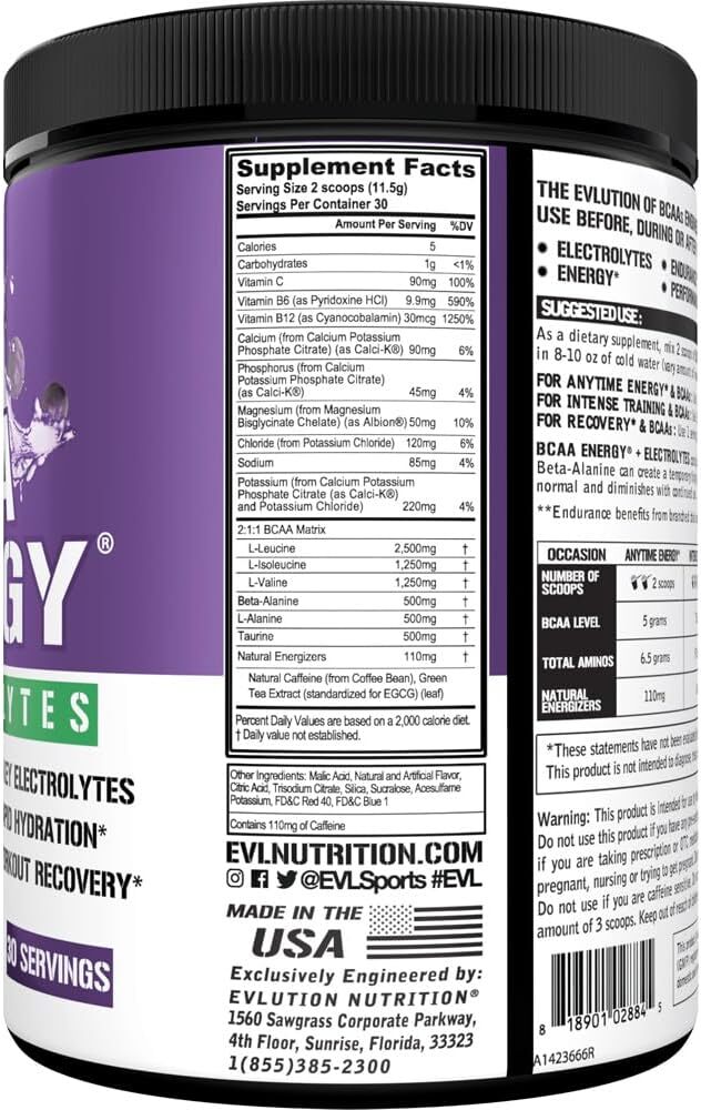 EVL Evlution Nutrition BCAA Energy Amino Acid Pre-Workout Powder – 30 & 65 Srv