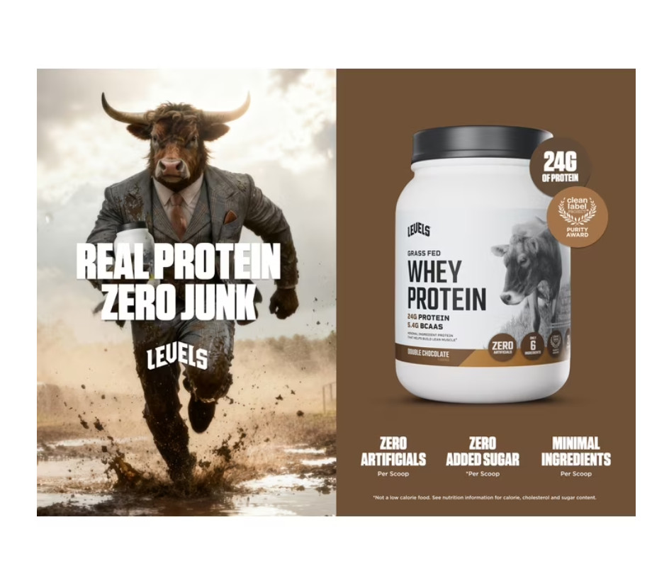 Levels Grass Fed Whey Protein Powder, No Artificials, 24G of Protein, Double Cho