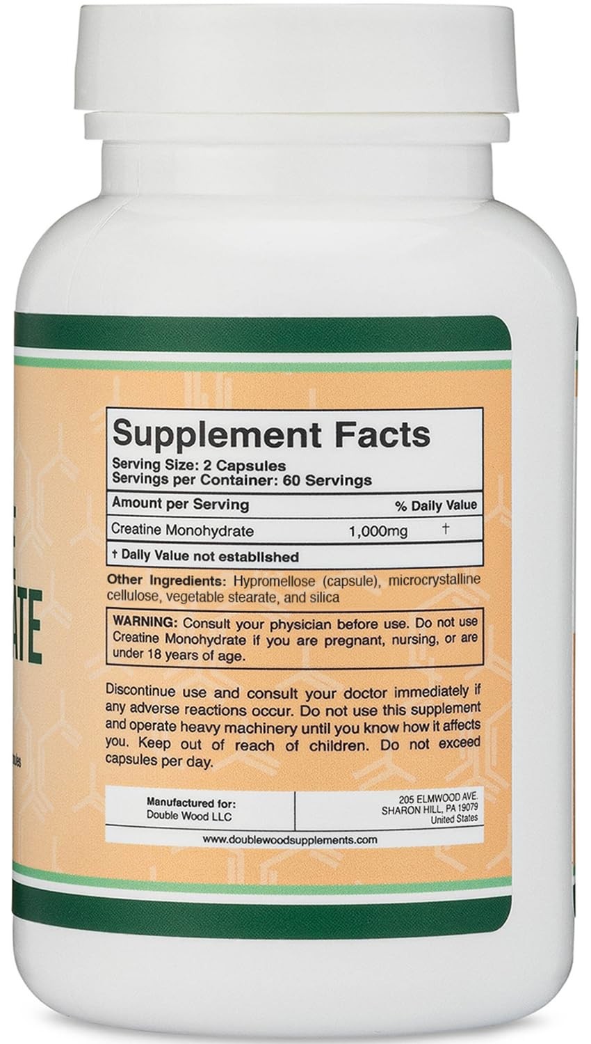Creatine Monohydrate Capsules – 1g per Serving, 120 Count (Pack of 1), White