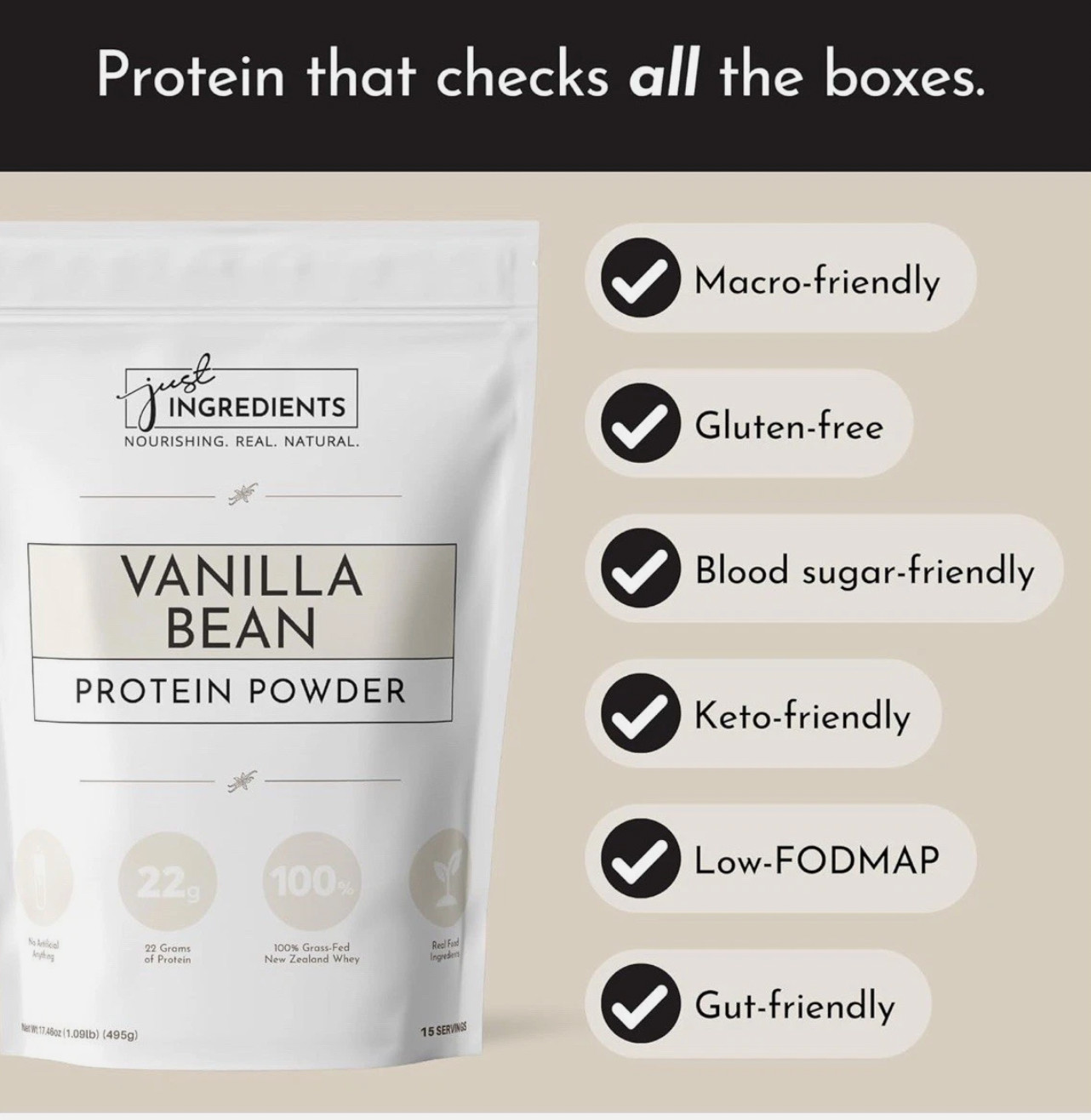 Just Ingredients Vanilla Protein Powder | 22g Protein 15 Servings Grass-Fed Whey