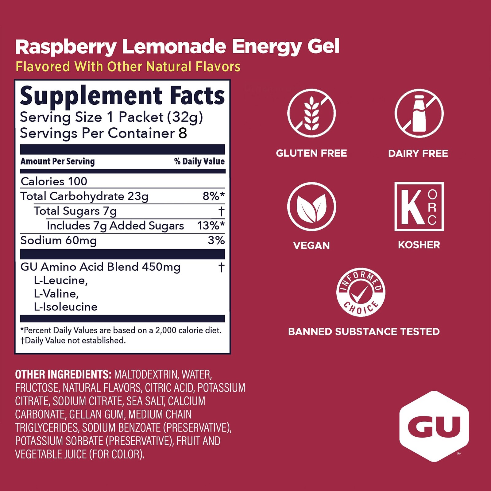 GU Energy Original Sports Nutrition 1.1 Fl Oz (Pack of 8), Raspberry Lemonade