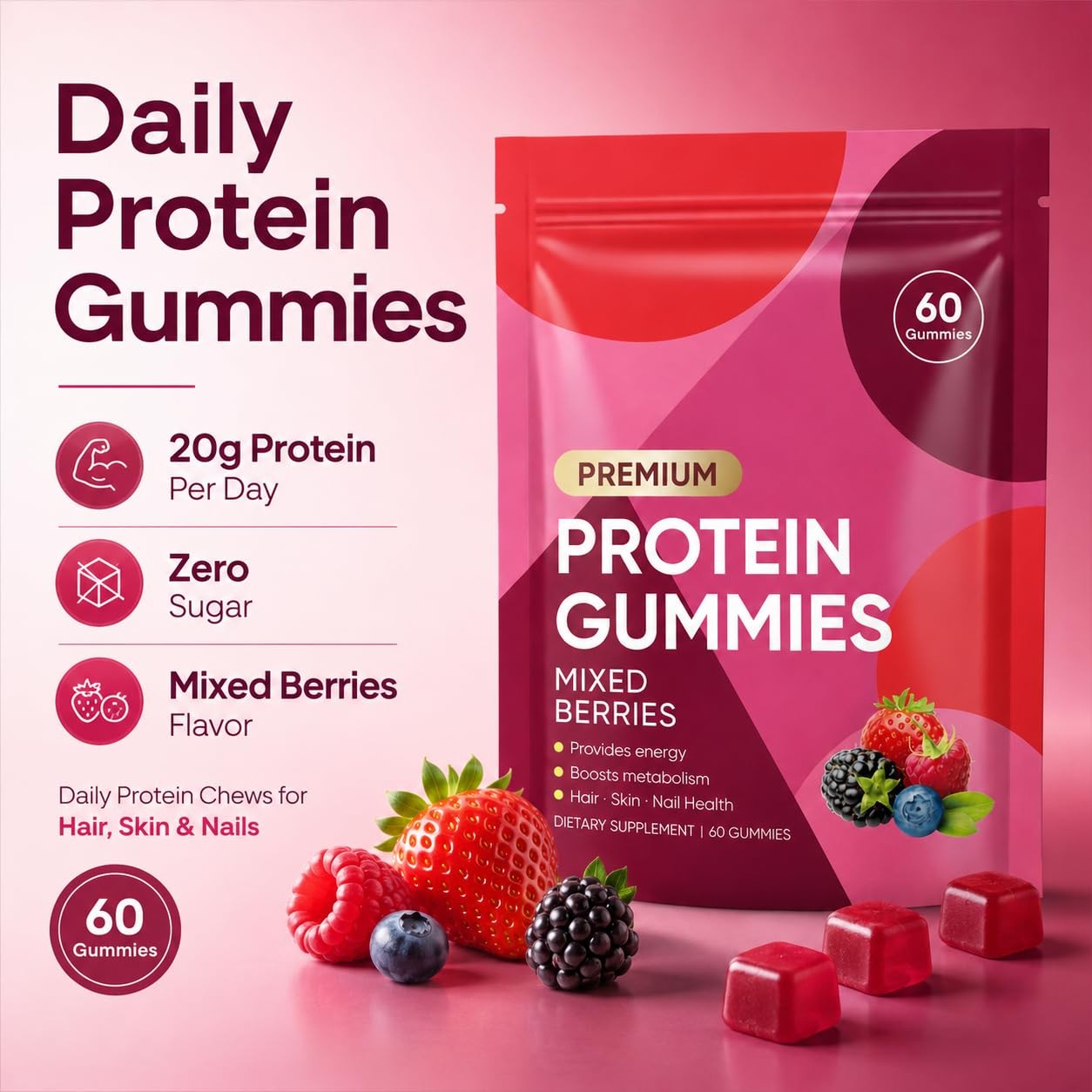 Oaka Protein Gummies 20G Protein Per Day Zero Sugar Mixed Berries Flavor Daily