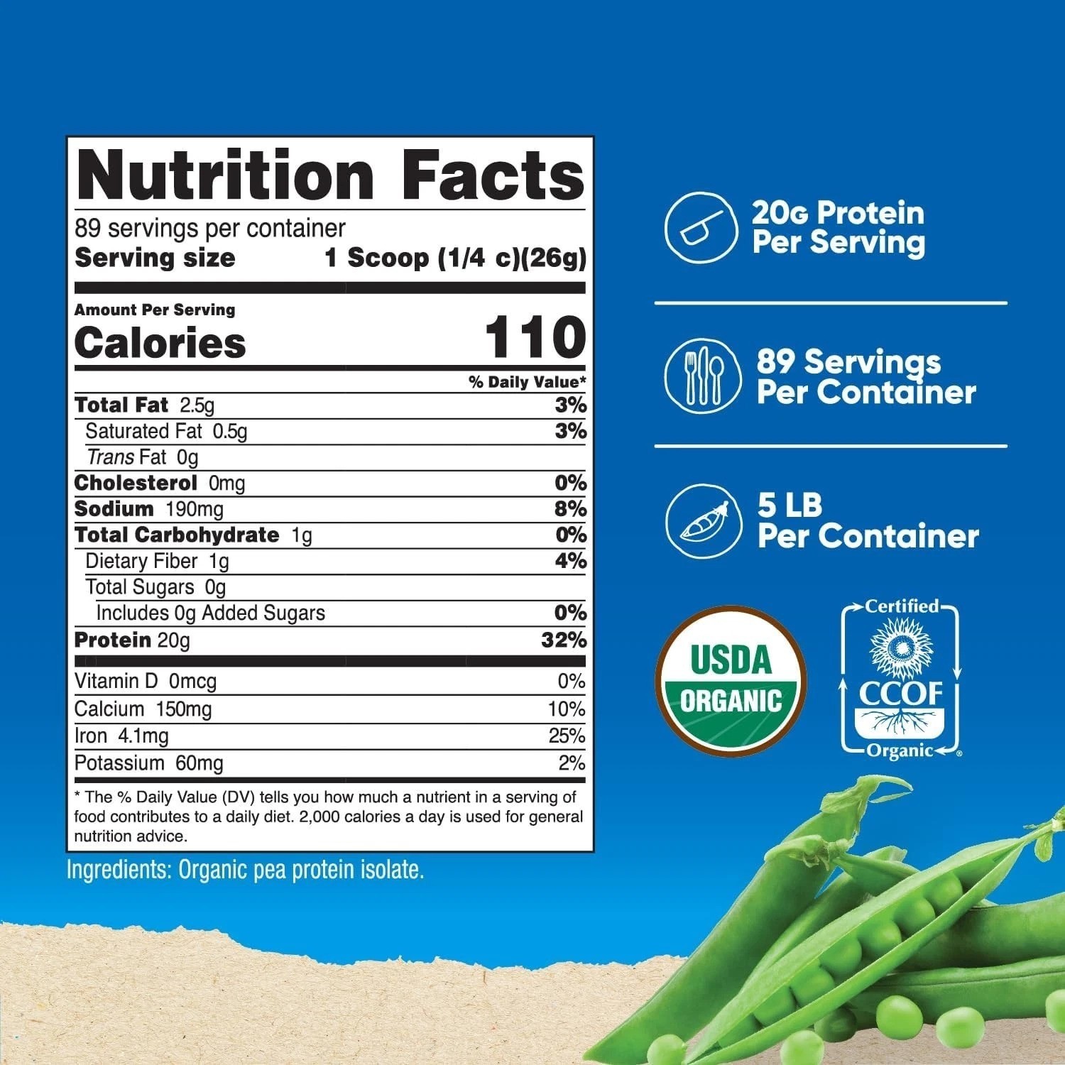 Organic Pea Protein Isolate Powder 5LBS – Unflavored, Certified USDA Organic,…