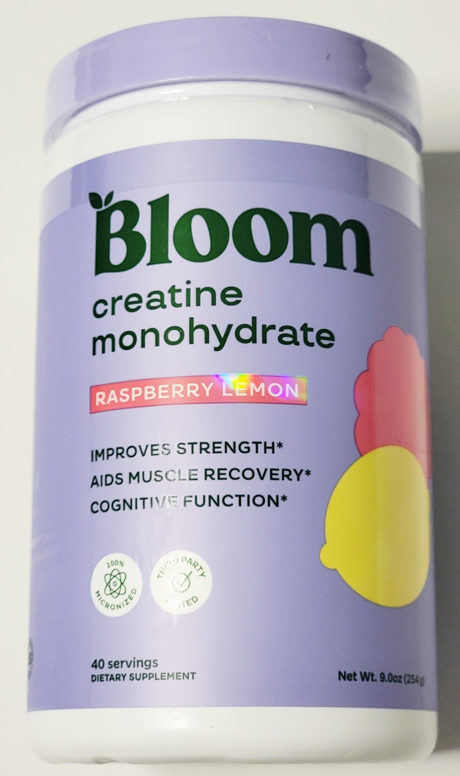 Bloom Nutrition Creatine Monohydrate Powder 9 Oz. Raspberry Lemon 40 Servings