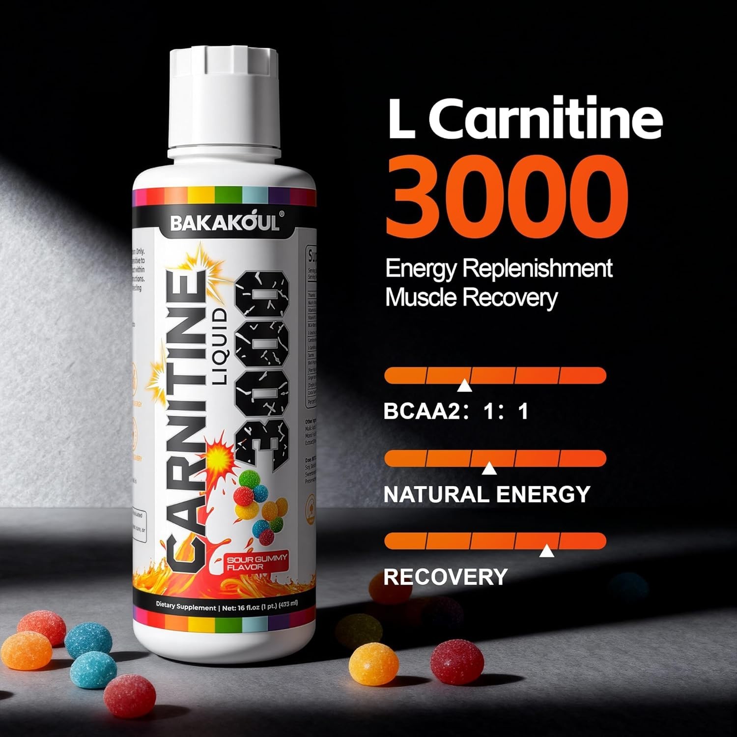 L Carnitine Supplement Liquid 3000 mg, with BCAA – Sour Gummy Flavor – 16 fl oz.
