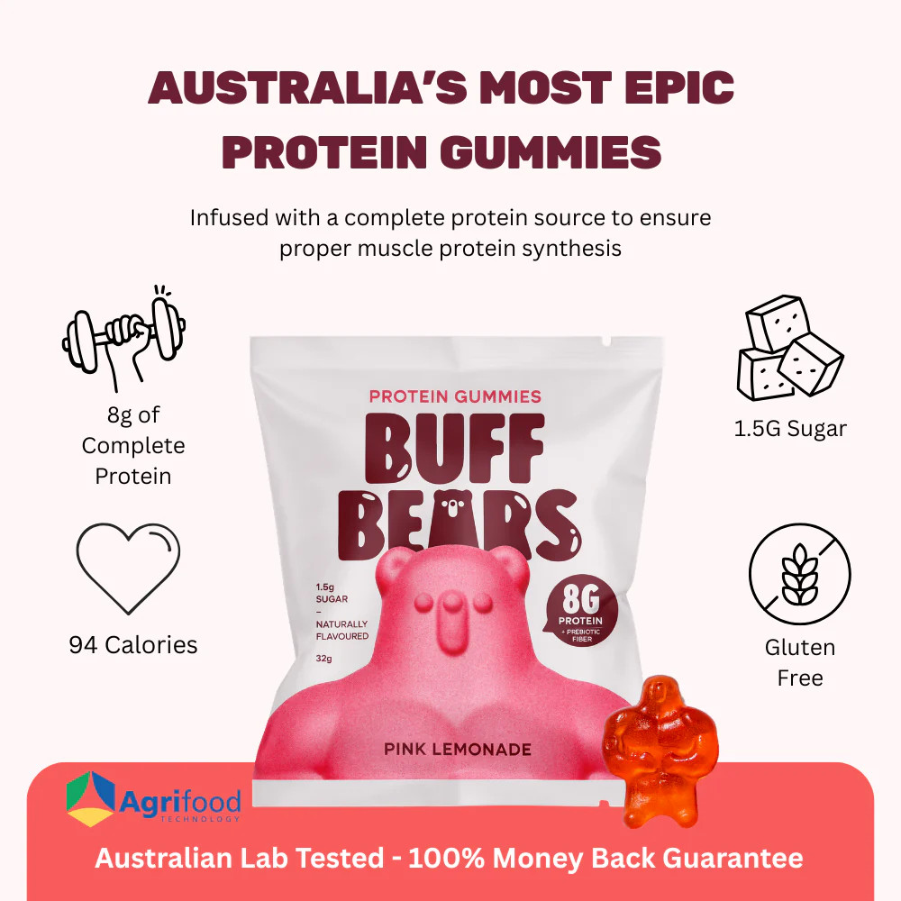 New Buff Bears Protein Gummies Pink Lemonade 12 x 32g Packs