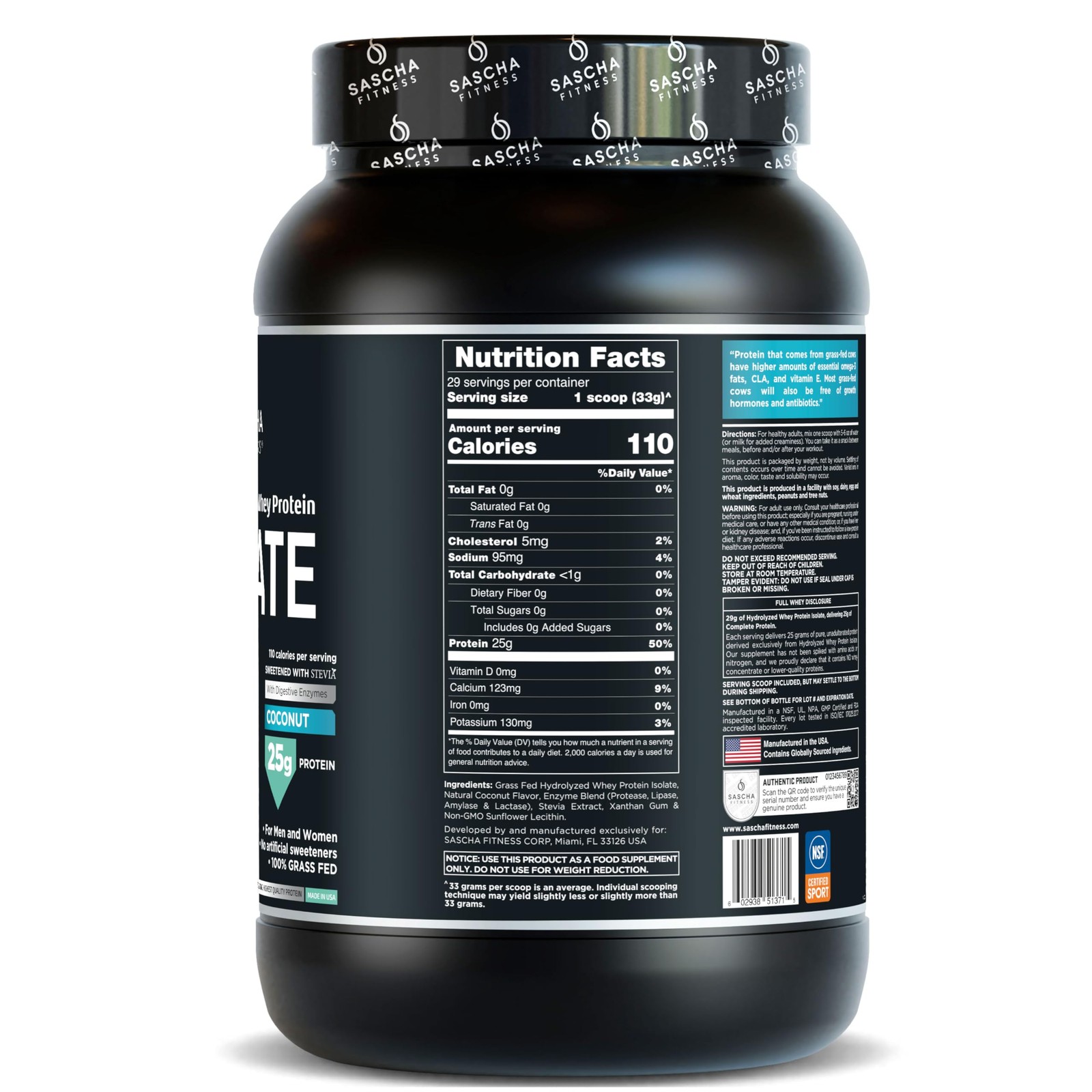 Whey Protein Isolate Hydrolyzed 100% Grass Fed 2 Pound Coconut SASCHA FITNESS
