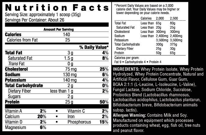 Excel Protein 94% of Isolate Whey per serving , 400mg BCAA 2:1:1 Ratio.