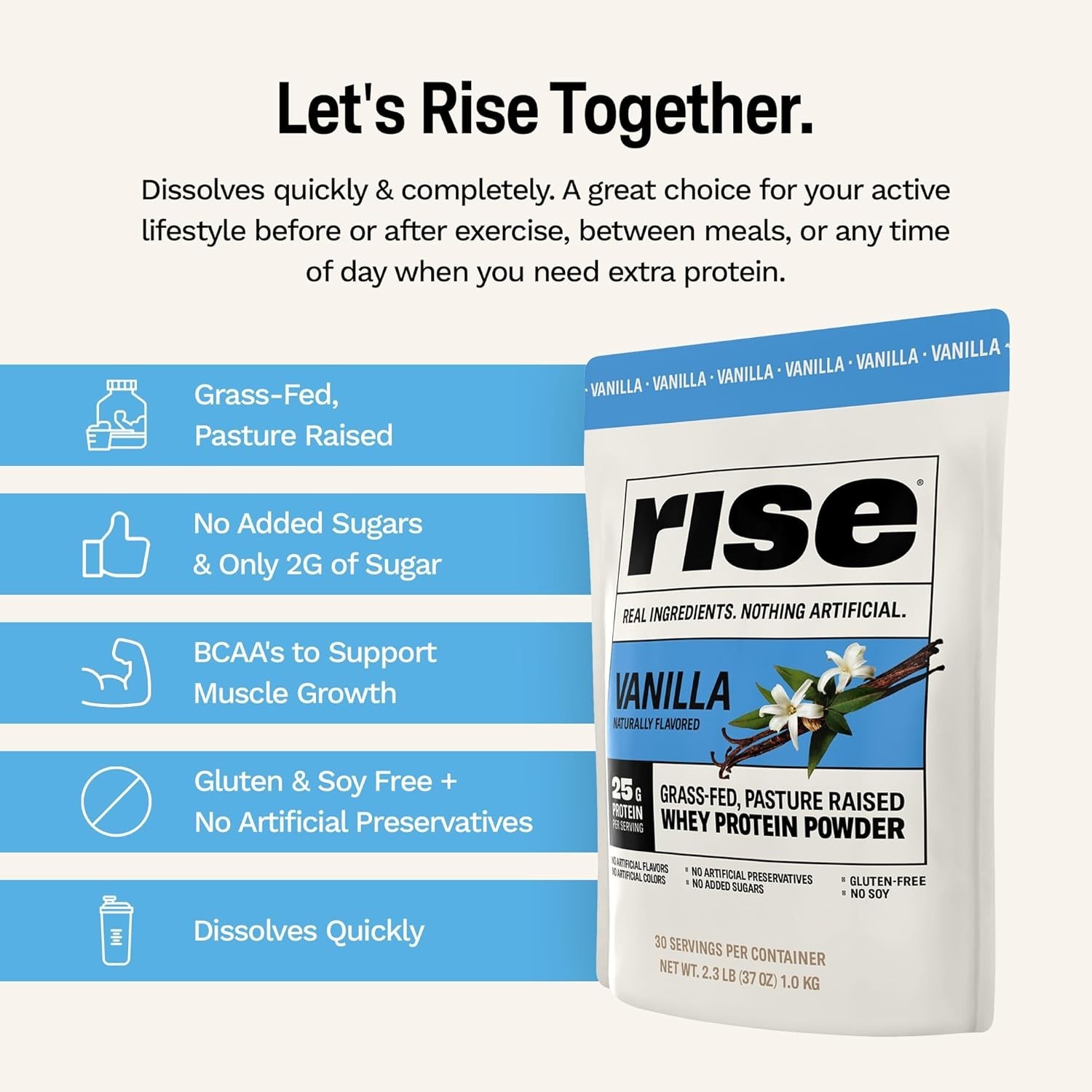 Rise Grass-Fed Whey Protein Vanilla – 25g Protein, No Artificial Ingredients, 2.