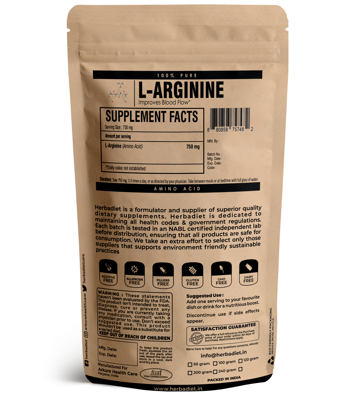 L-Arginine Powder, Nitric Oxide Booster for Muscle Growth & Pump, 100% Pure