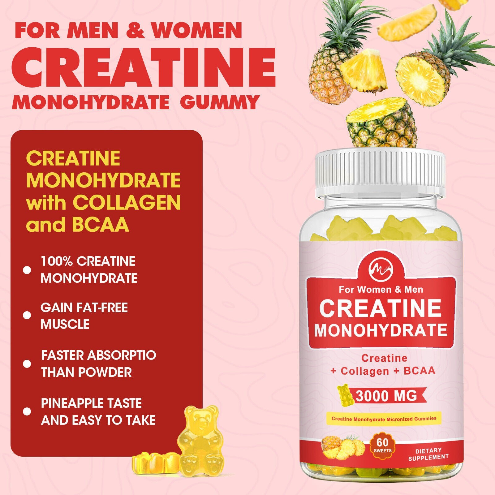 Creatine Monohydrate Gummies – Increase Strength and Build Muscle 60-180 Gummies